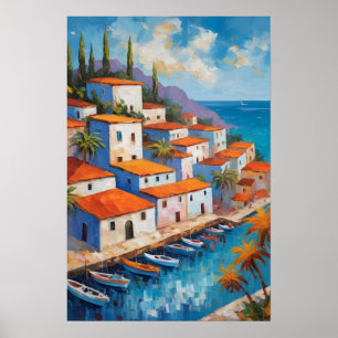 Watercolor kustdorp zeilboot poster