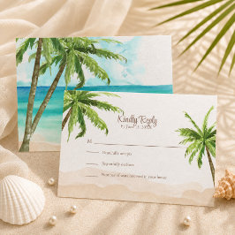 Watercolor Kuststrand met Palmbomen Trouwkaart RSVP Kaartje
