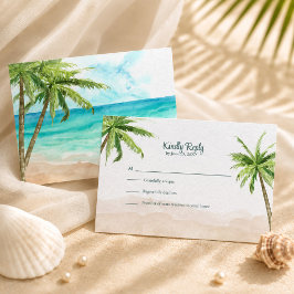Watercolor Kuststrand met Palmbomen Trouwkaart RSVP Kaartje