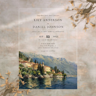 Watercolor Lago di Como Italië Bestemming Trouwen Acryl Uitnodigingen