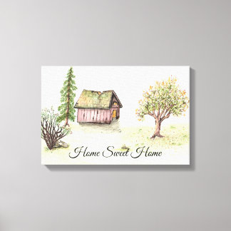 Watercolor Landhuis "Home Sweet Home" Canvas Afdruk
