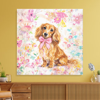 Watercolor Lange Haren Dachshund Pastel Bloemen Canvas Afdruk