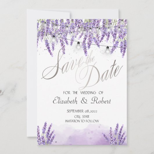Watercolor Lavendel Slingerlichtjes Save The Date (Voorkant)