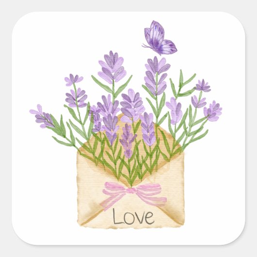 Watercolor Lavender Bouquet in Envelope Vierkante Sticker (Voorkant)