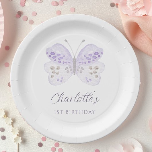 Watercolor Lavender Butterfly 1st Birthday Party Papieren Bordje