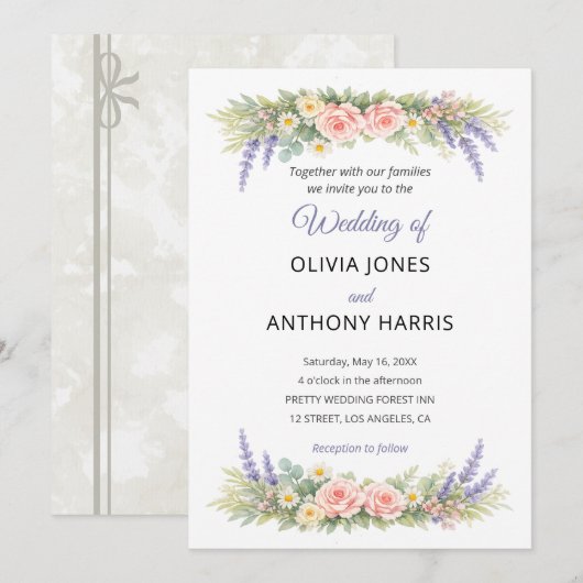 Watercolor Lavender Eucalyptus Rose Wedding Kaart (Voorkant / Achterkant)