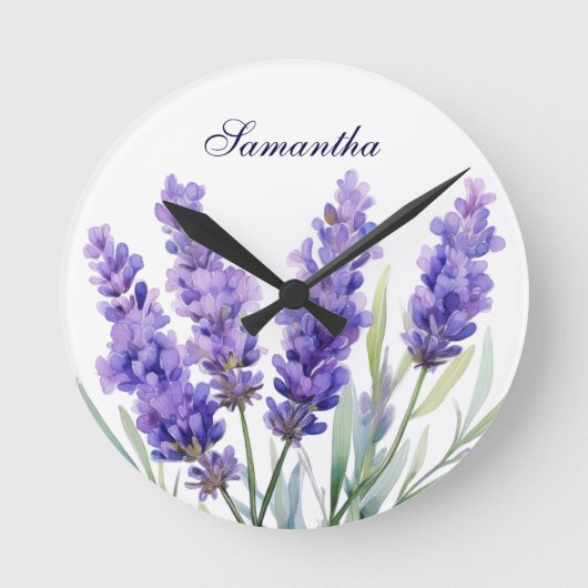 Watercolor Lavender Flowers Ronde Klok (Voorkant)