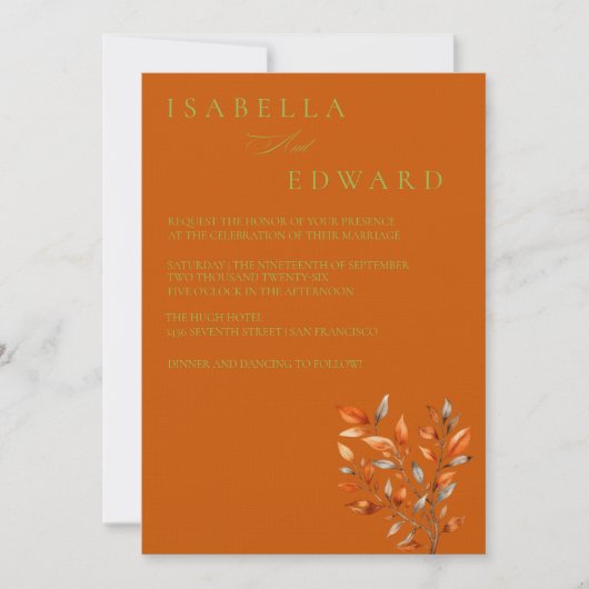 Watercolor Leaves Burnt Orange Wedding Kaart (Voorkant)