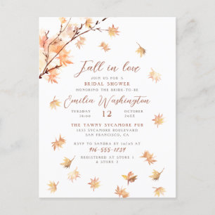 Watercolor Leaves "Fall In Love" Bridal Shower Uitnodiging Briefkaart