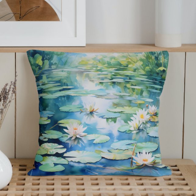 Watercolor Lelie Vijver Sereniteit Kussen (Creator heeft geüpload)