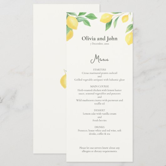 Watercolor Lemon Foliage Elegant Wedding Menu (Voorkant / Achterkant)