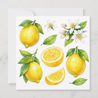 Watercolor Lemon Fruit, Lemon Leaves and Blossom Kaart