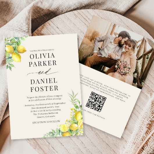 Watercolor Lemon QR Code Photo Wedding Kaart