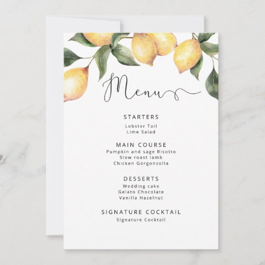 Watercolor lemons elegant wedding Menu Kaart (Voorkant)