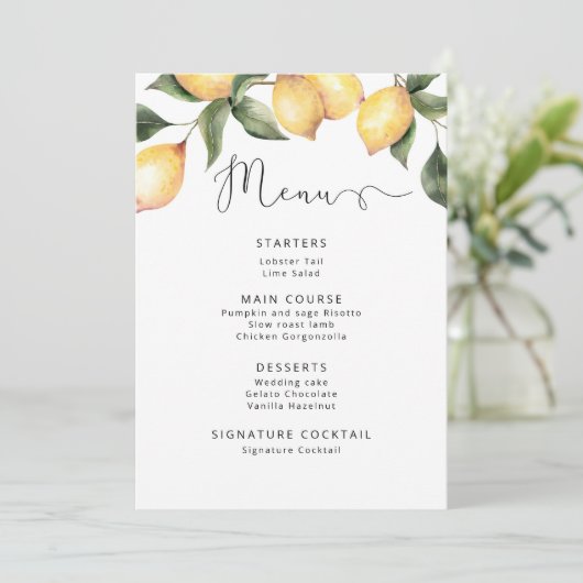 Watercolor lemons elegant wedding Menu Kaart (Staand voorkant)