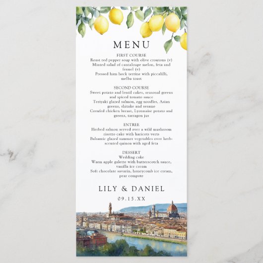 Watercolor Lemons Florence Italy Wedding Menu (Voorkant)