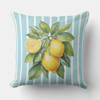 Watercolor Lemons on Blue Striped Background Kussen