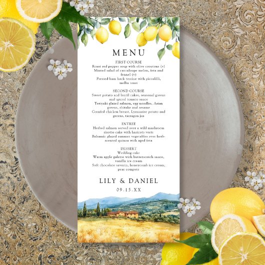 Watercolor Lemons Tuscany Italy Wedding Menu