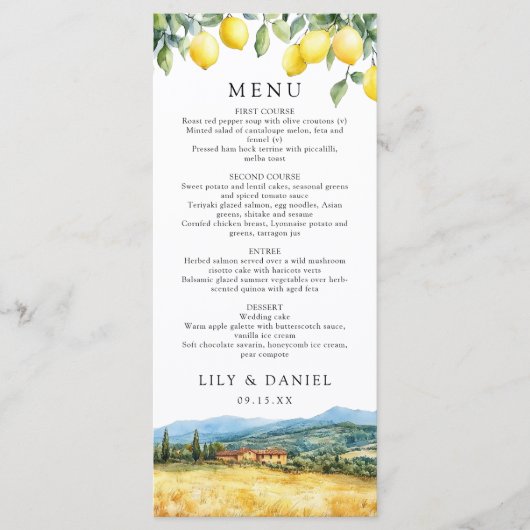 Watercolor Lemons Tuscany Italy Wedding Menu (Voorkant)