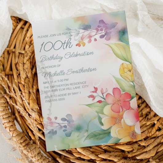 Watercolor Lente Bloemen 100ste Verjaardag Kaart