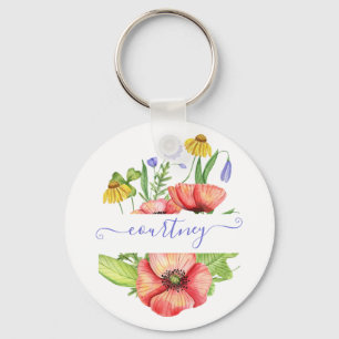 Watercolor lente bloemen gepersonaliseerd  sleutelhanger