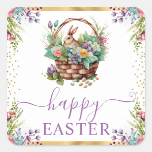 Watercolor Lente Bloemen Mand Gelukkig Pasen Vierkante Sticker