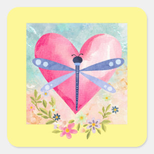 Watercolor lente libel, hart, bloemen vierkante sticker