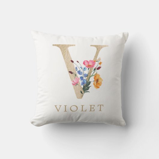 Watercolor lente wilde bloem nepgouden letter "V" Kussen (Voorkant)
