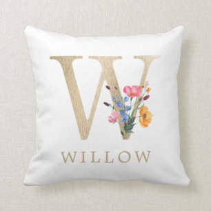 Watercolor lente wilde bloem nepgouden letter "W" Kussen