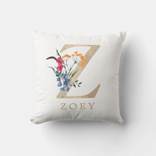Watercolor lente wilde bloem nepgouden letter "Z" Kussen (Voorkant)
