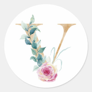 Watercolor letter V met rozen. Personaliseer door  Ronde Sticker