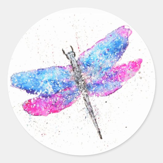 Watercolor libel roze blauw ronde sticker (Voorkant)