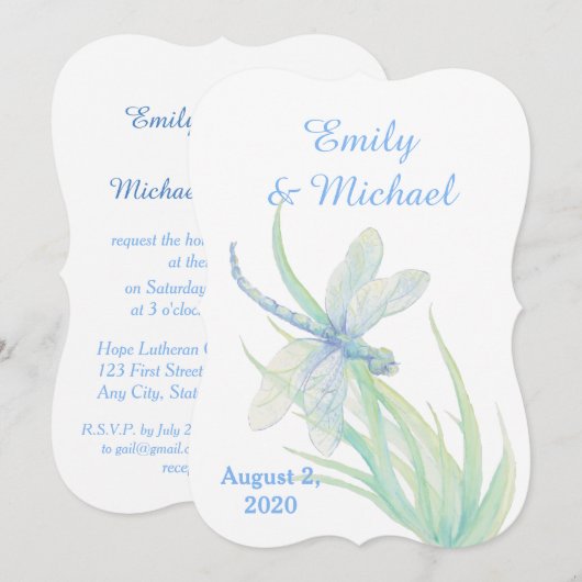 Watercolor Libelle Blauw Groen Natuur Bruiloft Kaart (Voorkant / Achterkant)