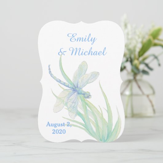 Watercolor Libelle Blauw Groen Natuur Bruiloft Kaart (Staand voorkant)