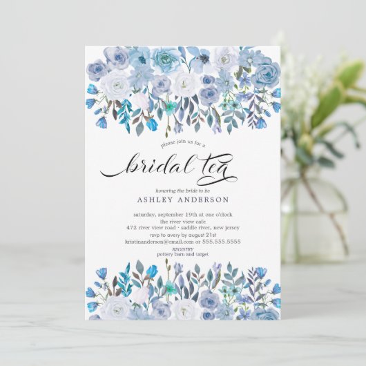 Watercolor Lichtblauwe Bloem Bruids-Thee Kaart (Staand voorkant)