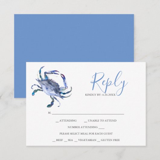 Watercolor Lichtblauwe Krab Reactie RSVP Kaarten (Voorkant / Achterkant)