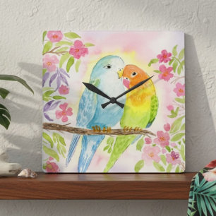 Watercolor Liefdesvogels met Roze Bloemen Vierkante Klok