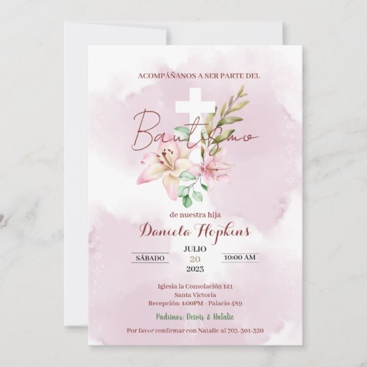 Watercolor lily baptism invitation kaart (Voorkant)