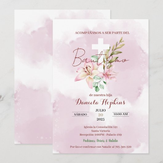 Watercolor lily baptism invitation kaart (Voorkant / Achterkant)