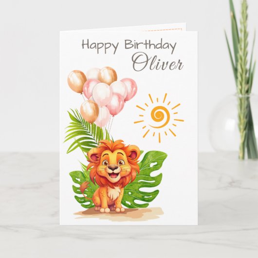 Watercolor Lion Kids Birthday Card with Name Kaart (Voorkant)