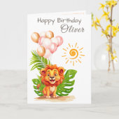 Watercolor Lion Kids Birthday Card with Name Kaart (Gele Bloem)