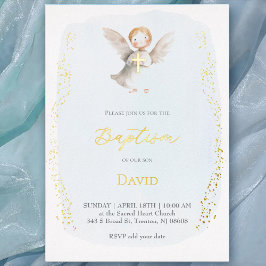 watercolor little angel Baptism baby boy Folie Uitnodiging