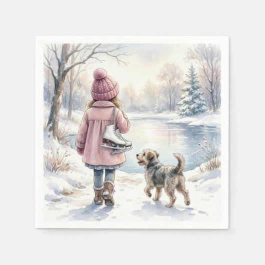 Watercolor Little Girl With Ice Skates and Dog Servet (Voorkant)