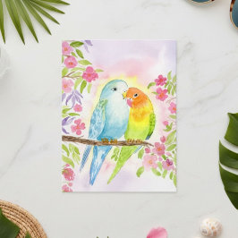 Watercolor Love Birds with Pink Flowers Briefkaart