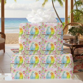 Watercolor Love Birds with Pink Flowers Cadeaupapier