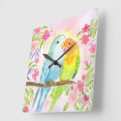 Watercolor Love Birds with Pink Flowers Vierkante Klok (Hoek)