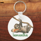 Watercolor Luiaard Monogram Pizza Grappig Sleutelhanger (Voorkant)