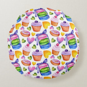 Watercolor Macaron & Zoete Cupcakes Patroon Rond Kussen