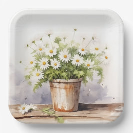 Watercolor Madeliefjes Boeket In Pot Papieren Bordje