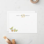 Watercolor Madeliefjes Geel Monogram Notitiekaartje (Voorkant / Achterkant in situ)